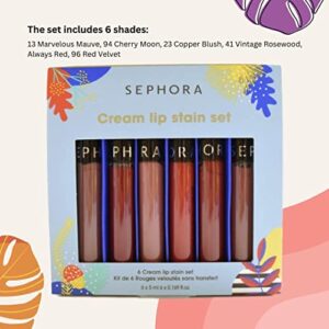 SEPHORA Collection Wishing You Cream Lip Stain Set:: 13 Marvelous Mauve, 94 Cherry Moon, 23 Copper Blush, 41 Vintage Rosewood, Always Red, and 96 Red Velvet