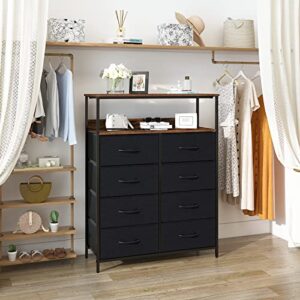 LYNCOHOME 8 Drawer Dresser for Bedroom, Fabric Dresser with Shelves, Chest of Drawers for Bedroom, Closet, Clothes, Storage Tower with Sturdy Steel Frame, Wood Top, Fabric Drawers