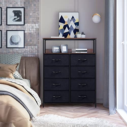 LYNCOHOME 8 Drawer Dresser for Bedroom, Fabric Dresser with Shelves, Chest of Drawers for Bedroom, Closet, Clothes, Storage Tower with Sturdy Steel Frame, Wood Top, Fabric Drawers