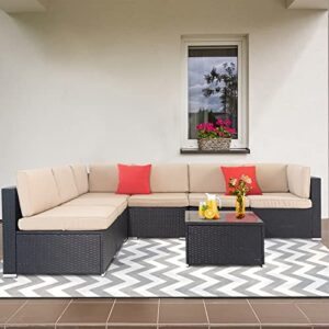 Crownland 7-Piece Outdoor Patio Furniture Sets, All-Weather Black Wicker Rattan Sectional Sofa, Modern Glass Coffee Table and Washable Seat Cushion with YKK Zipper (Beige)