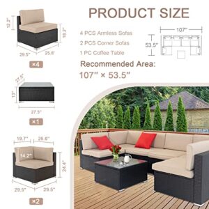 Crownland 7-Piece Outdoor Patio Furniture Sets, All-Weather Black Wicker Rattan Sectional Sofa, Modern Glass Coffee Table and Washable Seat Cushion with YKK Zipper (Beige)