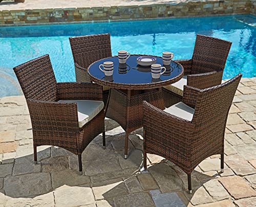 SUNCROWN 5 Piece Outdoor Dining Set All-Weather Wicker Patio Dining Table and Chairs with Cushions, Round Tempered Glass Tabletop with Umbrella Cutout for Patio Backyard Porch Garden Poolside