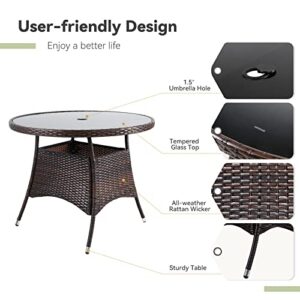 SUNCROWN 5 Piece Outdoor Dining Set All-Weather Wicker Patio Dining Table and Chairs with Cushions, Round Tempered Glass Tabletop with Umbrella Cutout for Patio Backyard Porch Garden Poolside