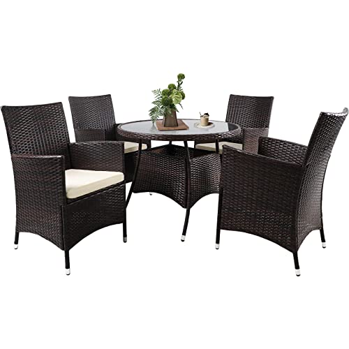 SUNCROWN 5 Piece Outdoor Dining Set All-Weather Wicker Patio Dining Table and Chairs with Cushions, Round Tempered Glass Tabletop with Umbrella Cutout for Patio Backyard Porch Garden Poolside