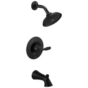 delta faucet woodhurst 14 series matte black shower faucet, tub and shower trim kit with single-spray touch-clean black shower head, matte black t14432-bl (valve not included)