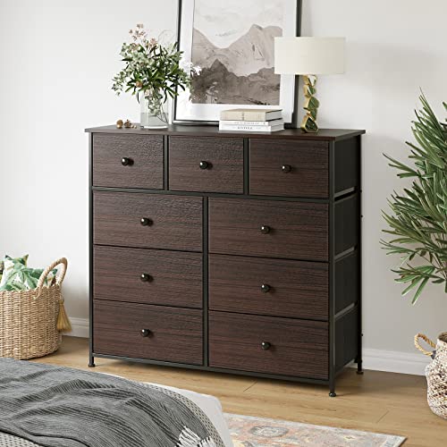 REAHOME 9 Drawer Dresser for Bedroom Faux Leather Chest of Drawers Closets Large Capacity Organizer Tower Steel Frame Wooden Top Living Room Entryway Office (Rustic Brown) RZP9B1