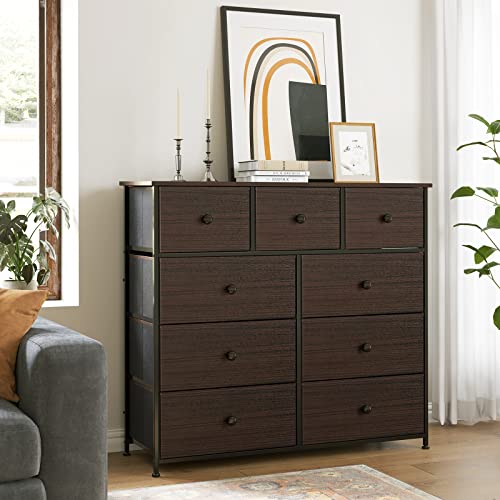 REAHOME 9 Drawer Dresser for Bedroom Faux Leather Chest of Drawers Closets Large Capacity Organizer Tower Steel Frame Wooden Top Living Room Entryway Office (Rustic Brown) RZP9B1