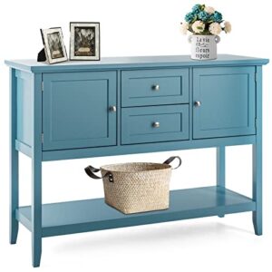 costway buffet sideboard, with 2 wood storage drawers & open shelf, console table for living room kitchen dining room furniture (blue)