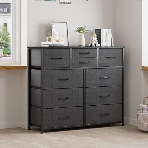 LUMTOK 10-Drawer Dresser, Fabric Storage Dressers for Bedroom, Hallway, Nursery, Closets, Steel Frame, Wood Top, Easy Pull Handle (Grey)