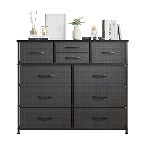 LUMTOK 10-Drawer Dresser, Fabric Storage Dressers for Bedroom, Hallway, Nursery, Closets, Steel Frame, Wood Top, Easy Pull Handle (Grey)