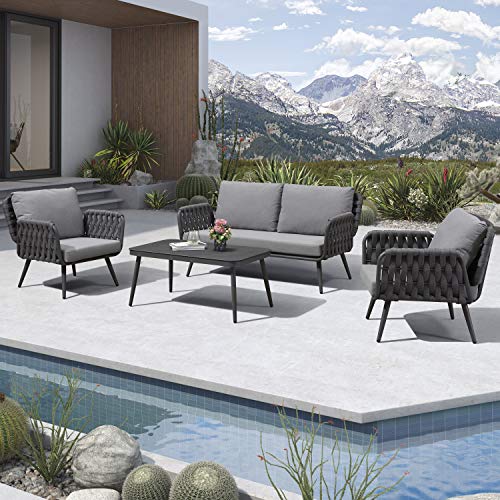 PURPLE LEAF Patio Conversation Set 4 Pieces Aluminum Frame Rope Outdoor Patio Furniture with Coffee Table, All-Weather Modern Deep Seating Sofa Set, Outdoor Patio Set with Cushions, Ascona