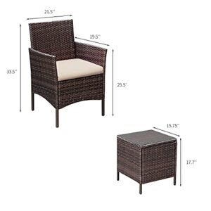 Greesum 3 Pieces Patio Furniture PE Rattan Wicker Chair Conversation Set, Brown and Beige