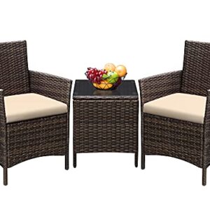 Greesum 3 Pieces Patio Furniture PE Rattan Wicker Chair Conversation Set, Brown and Beige