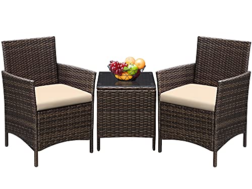 Greesum 3 Pieces Patio Furniture PE Rattan Wicker Chair Conversation Set, Brown and Beige