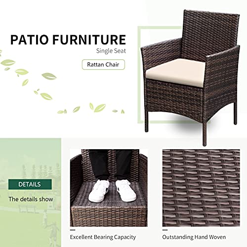 Greesum 3 Pieces Patio Furniture PE Rattan Wicker Chair Conversation Set, Brown and Beige