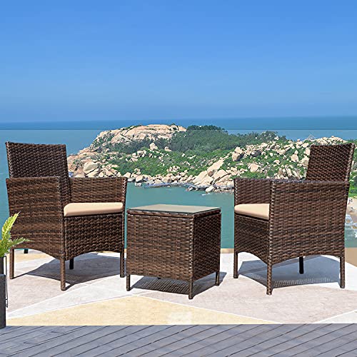 Greesum 3 Pieces Patio Furniture PE Rattan Wicker Chair Conversation Set, Brown and Beige