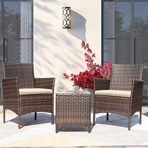 Greesum 3 Pieces Patio Furniture PE Rattan Wicker Chair Conversation Set, Brown and Beige