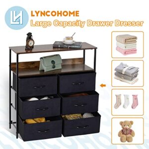 LYNCOHOME 6 Drawers Dresser with Shelves - Dresser for Bedroom, Closet, Clothes, Storage Tower Organizer, Chest of Drawers, Black Dresser for Bedroom, Fabric Drawers(Rustic Brown)