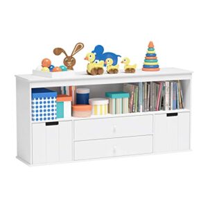 timy toy storage organizer with 2 drawers, wooden toy organizer bins, kids bookshelf for reading, storing, playing, white