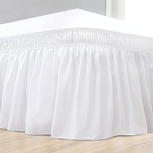 Biscaynebay Wrap Around Bed Skirts for Queen Beds 15 Inches Drop, White Elastic Dust Ruffles Easy Fit Wrinkle & Fade Resistant Silky Luxurious Fabric Solid Machine Washable