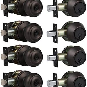 4 Pack Entry Door Knob and Deadbolt Set, Keyed Alike Oil Rubbed Bronze Exterior Door Knob with Single Cylinder Deadbolt Lock Set, Front Door Knob and Deadbolt for Entrance and Office Door