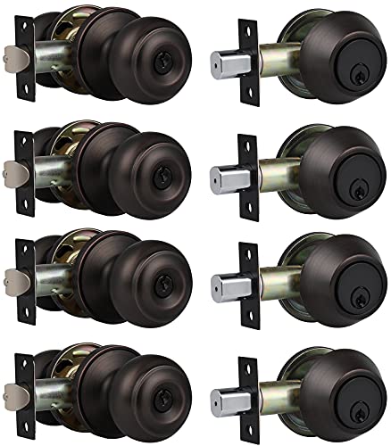 4 Pack Entry Door Knob and Deadbolt Set, Keyed Alike Oil Rubbed Bronze Exterior Door Knob with Single Cylinder Deadbolt Lock Set, Front Door Knob and Deadbolt for Entrance and Office Door