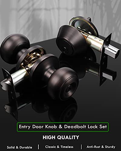 4 Pack Entry Door Knob and Deadbolt Set, Keyed Alike Oil Rubbed Bronze Exterior Door Knob with Single Cylinder Deadbolt Lock Set, Front Door Knob and Deadbolt for Entrance and Office Door