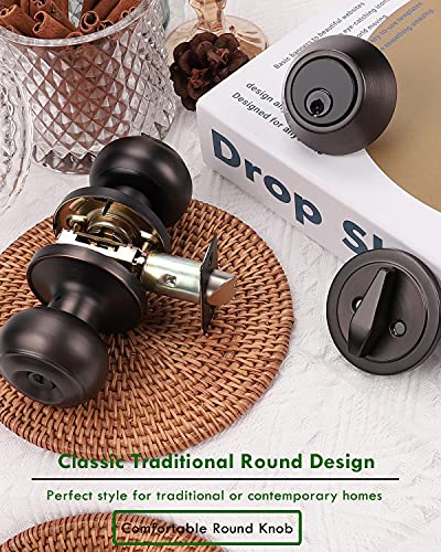 4 Pack Entry Door Knob and Deadbolt Set, Keyed Alike Oil Rubbed Bronze Exterior Door Knob with Single Cylinder Deadbolt Lock Set, Front Door Knob and Deadbolt for Entrance and Office Door