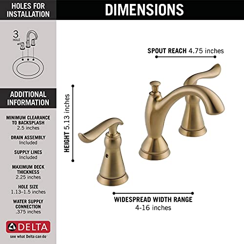 Delta Faucet Linden Widespread Bathroom Faucet 3 Hole, Gold Bathroom Faucet, Diamond Seal Technology, Metal Drain Assembly, Champagne Bronze 3594-CZMPU-DST