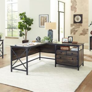 Sauder Steel River Wood and Metal L-Desk with Drawers, Carbon Oak Finish