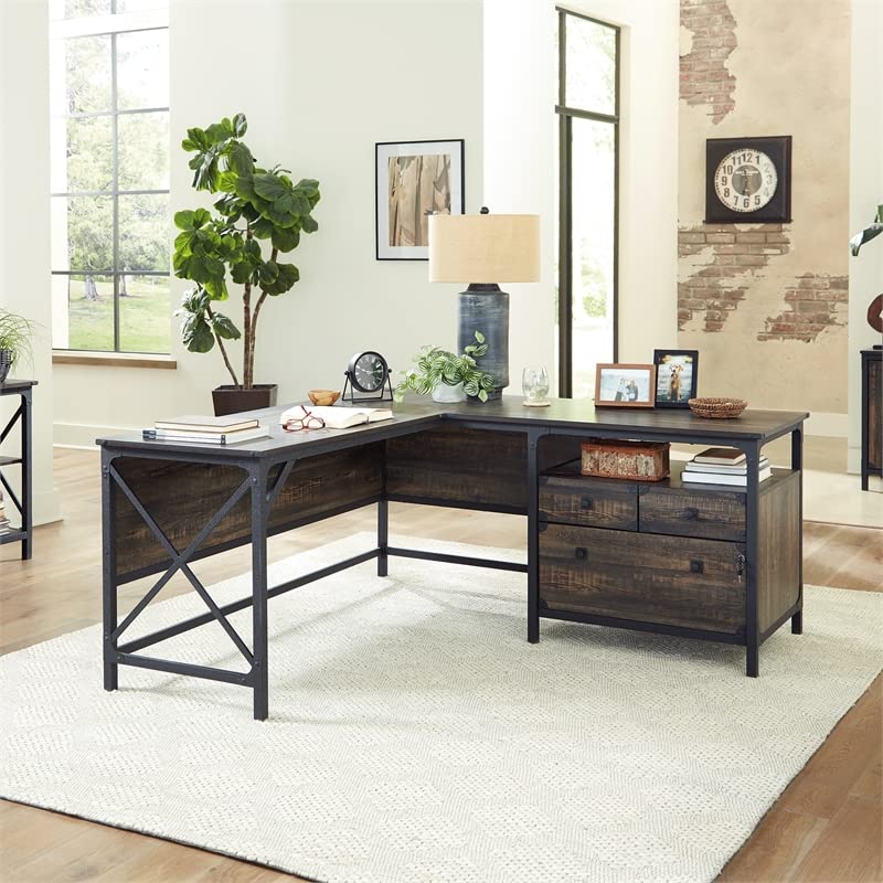 Sauder Steel River Wood and Metal L-Desk with Drawers, Carbon Oak Finish