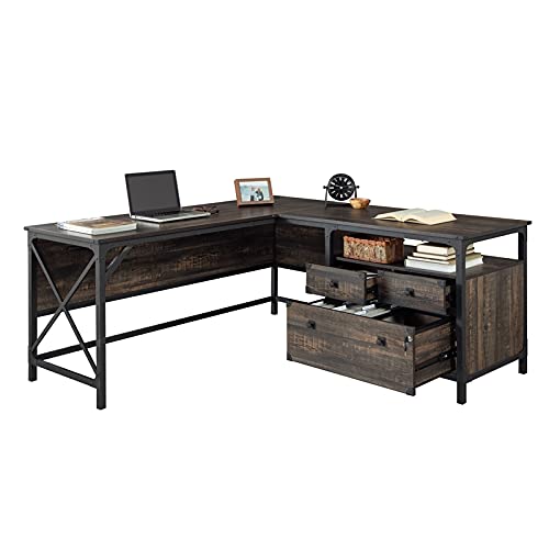 Sauder Steel River Wood and Metal L-Desk with Drawers, Carbon Oak Finish