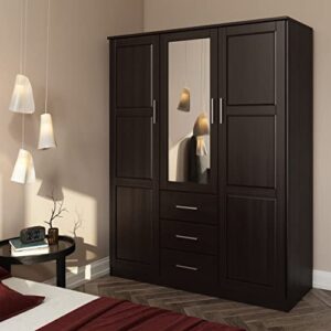 palace imports cosmo solid wood 3-door wardrobe/armoire/closet with mirror and 3 drawers, java. additional shelves sold separately.