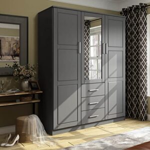 Palace Imports Cosmo Solid Wood 3-Door Wardrobe/Armoire/Closet with Mirror and 3 Drawers, Java. Additional Shelves Sold Separately.