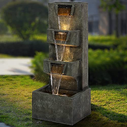 Gardenfans Outdoor Garden Water Fountains with LED Lights Indoor Modern Floor-Standing Fountain for Garden, Patio, Porch, Yard and Home Art Decor