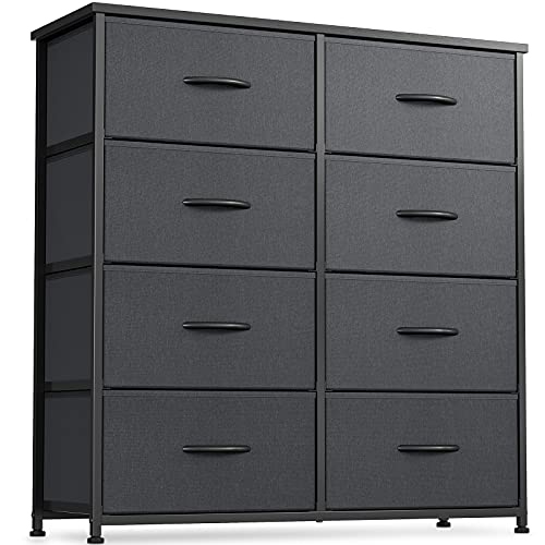 CubiCubi Dresser for Bedroom, 8 Drawer Storage Organizer Tall Wide Dresser for Bedroom Hallway, Sturdy Steel Frame Wood Top, Black Grey