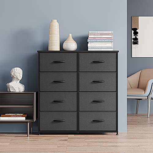 CubiCubi Dresser for Bedroom, 8 Drawer Storage Organizer Tall Wide Dresser for Bedroom Hallway, Sturdy Steel Frame Wood Top, Black Grey