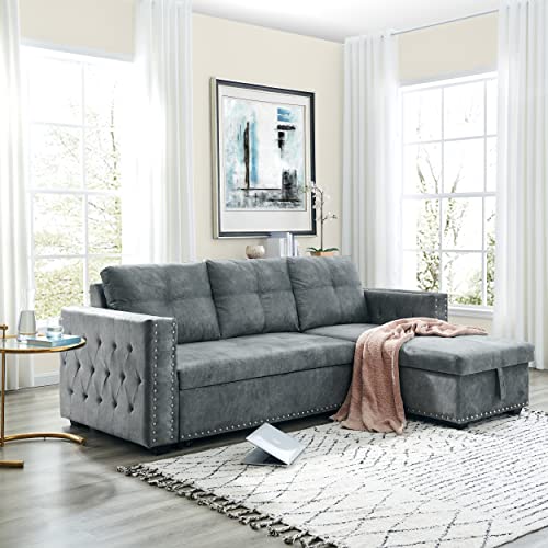 HABITRIO Sectional Sofa with Pull Out Bed, Solid Wood & Velvet Upholstered 2 Seats Sofa and Reversible Chaise Lounge w/Storage, Modern Design 91" L-Shaped Sleeper Sofa for Living Room, Grey