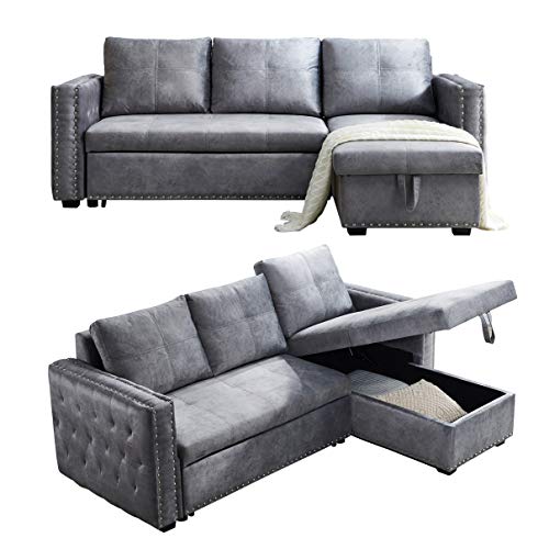 HABITRIO Sectional Sofa with Pull Out Bed, Solid Wood & Velvet Upholstered 2 Seats Sofa and Reversible Chaise Lounge w/Storage, Modern Design 91" L-Shaped Sleeper Sofa for Living Room, Grey