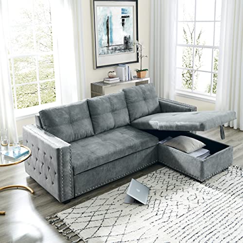 HABITRIO Sectional Sofa with Pull Out Bed, Solid Wood & Velvet Upholstered 2 Seats Sofa and Reversible Chaise Lounge w/Storage, Modern Design 91" L-Shaped Sleeper Sofa for Living Room, Grey