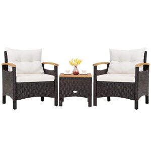 tangkula 3-piece patio furniture set, patiojoy outdoor rattan sofa set with coffee table, patio conversation set with removable cushion, cozy acacia wood armrests for backyard, poolside (off white)