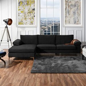 casa andrea milano modern large velvet l-shape sectional sofa, with extra wide chaise lounge couch, black