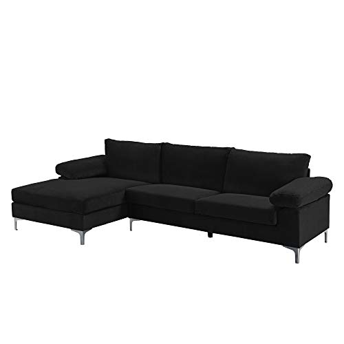 Casa Andrea Milano Modern Large Velvet L-Shape Sectional Sofa, with Extra Wide Chaise Lounge Couch, Black