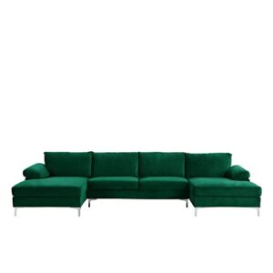 casa andrea milano modern large velvet fabric u-shape sectional sofa, double extra wide chaise lounge couch, shamrock