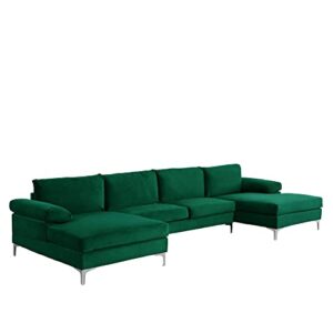 Casa Andrea Milano Modern Large Velvet Fabric U-Shape Sectional Sofa, Double Extra Wide Chaise Lounge Couch, Shamrock