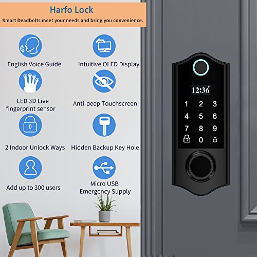 HARFO Fingerprint Door Lock, Keyless Entry Door Lock with Handles, Smart Door Lock, Front Door Lock Handle Sets, Electronic Keypad Deadbolt (Black)