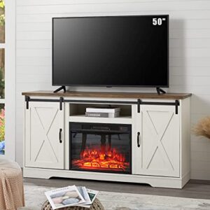 amerlife fireplace tv stand sliding barn door wood entertainment center with a 23” electric fireplace insert, modern farmhouse storage cabinet console for tvs up to 65″, distressed white & barnwood
