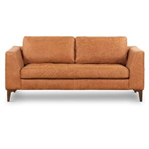 poly & bark calle 75″ apartment sofa in full-grain pure-aniline italian leather, cognac tan/walnut