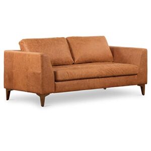 POLY & BARK Calle 75" Apartment Sofa in Full-Grain Pure-Aniline Italian Leather, Cognac Tan/Walnut