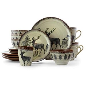 elama round stoneware cabin dinnerware dish set, 16 piece, elk design with warm taupe and brown accents